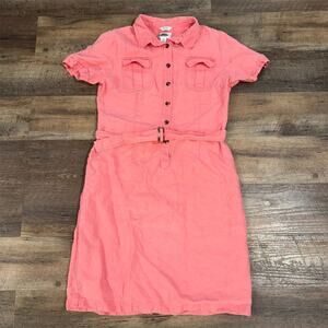 Talbots 100% Irish Linen Belted Shirt Dress Coral Size 10 Knee Length Comfort